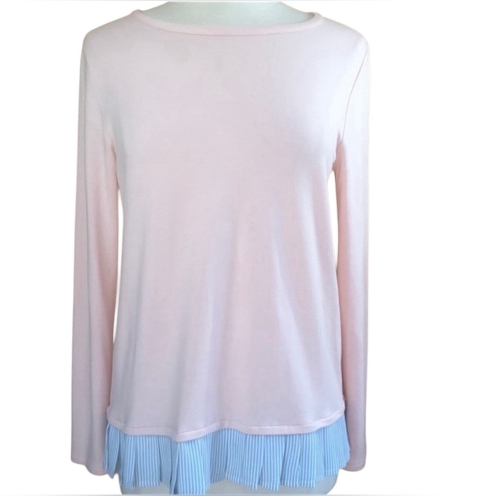 J Crew Pink sweater w/blue & white stripe ruffle pleated hem Size Medium